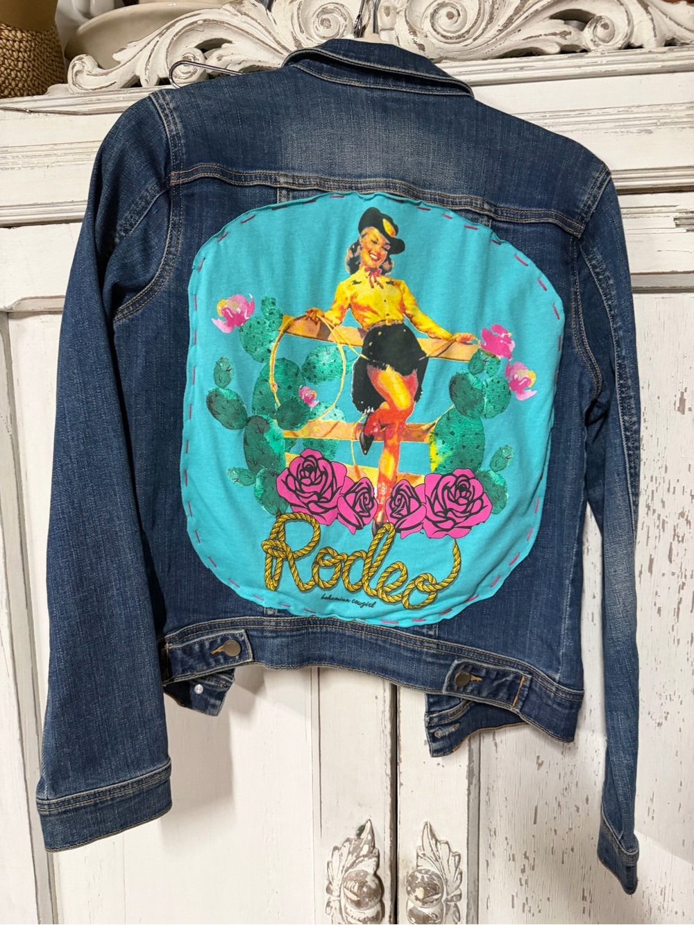 Bohemian Cowgirl Denim Jacket with Turquoise Rodeo Back Patch